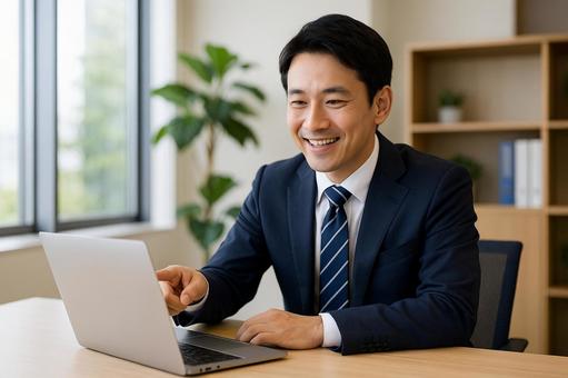 ノートPC資料確認男性社員 ノートPC資料確認男性社員の写真
