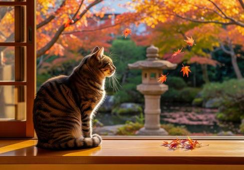 秋の紅葉と窓辺で外を眺める茶白猫 秋の紅葉と窓辺で外を眺める茶白猫の写真