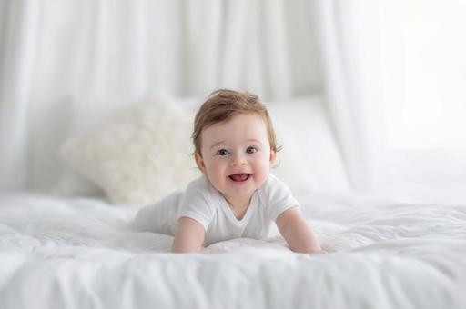 笑顔の赤ちゃんと白い寝具・新生児・子育て 笑顔の赤ちゃんと白い寝具・新生児・子育ての写真