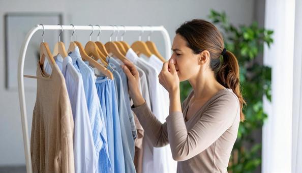 洗濯ものの生乾きの臭いに悩む女性の写真