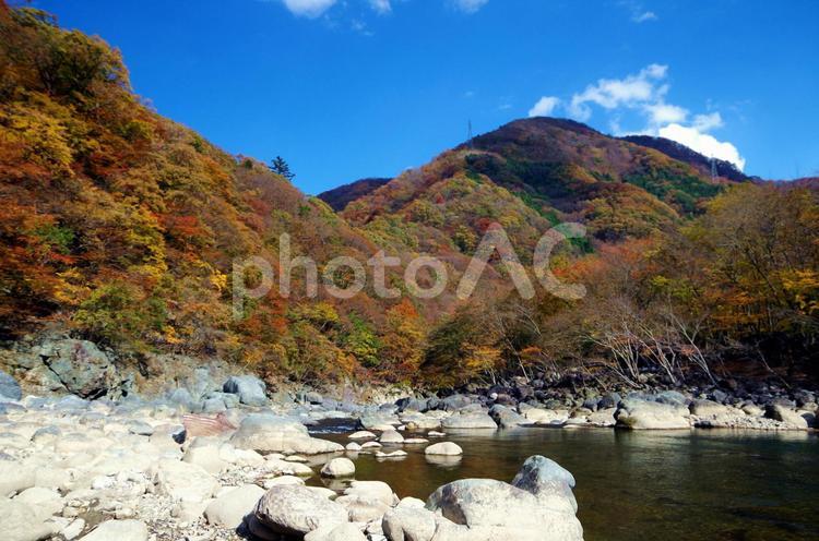 栃木県　紅葉シーズンの龍王峡　白岩半島の河原　 龍王峡,紅葉,秋の写真素材