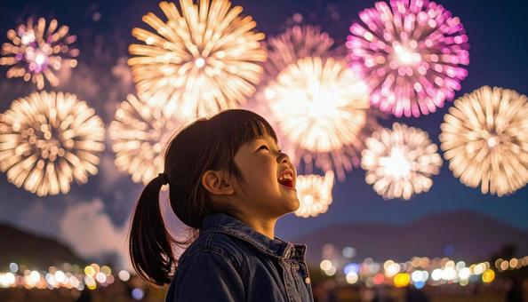 花火を見上げて笑顔を見せる少女の写真