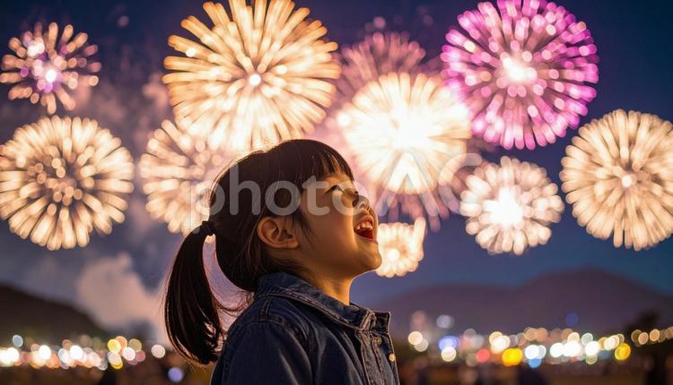 花火を見上げて笑顔を見せる少女 花火,夏祭り,女の子の写真素材
