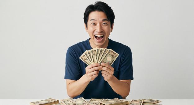 大金を手にして喜ぶ男性 大金を手にして喜ぶ男性の写真