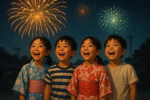 並んで花火を見上げる子どもたち 並んで花火を見上げる子どもたちの写真