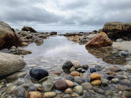 穏やかな海のほとり、石畳のビーチ 穏やかな海のほとり、石畳のビーチの写真