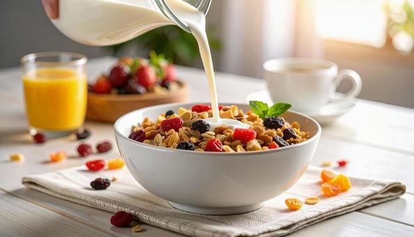 ドライフルーツ入りのシリアルに牛乳かけの写真