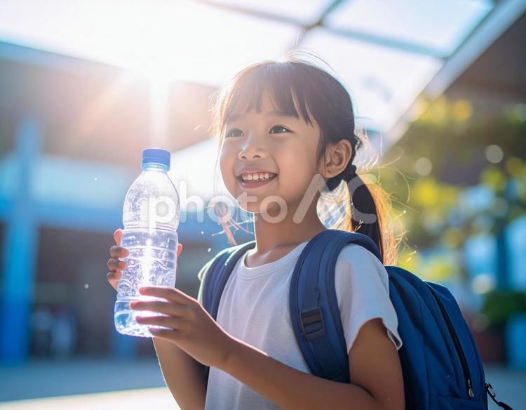 猛暑に水分補給をする女の子 水分補給,熱中症対策,熱中症の写真素材