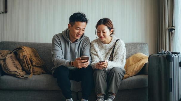 自宅で旅行計画を立てる夫婦 自宅で旅行計画を立てる夫婦の写真