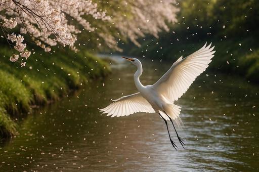 桜舞う川辺の白鷺 桜舞う川辺の白鷺の写真