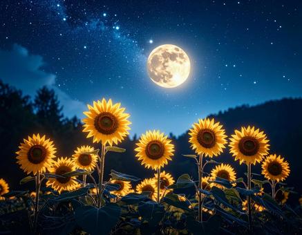 月夜に咲くひまわり畑の写真
