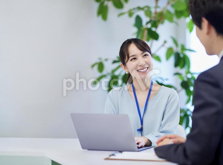 オフィスでPCを使って打ち合わをする男女 日本人,男性,女性の写真素材