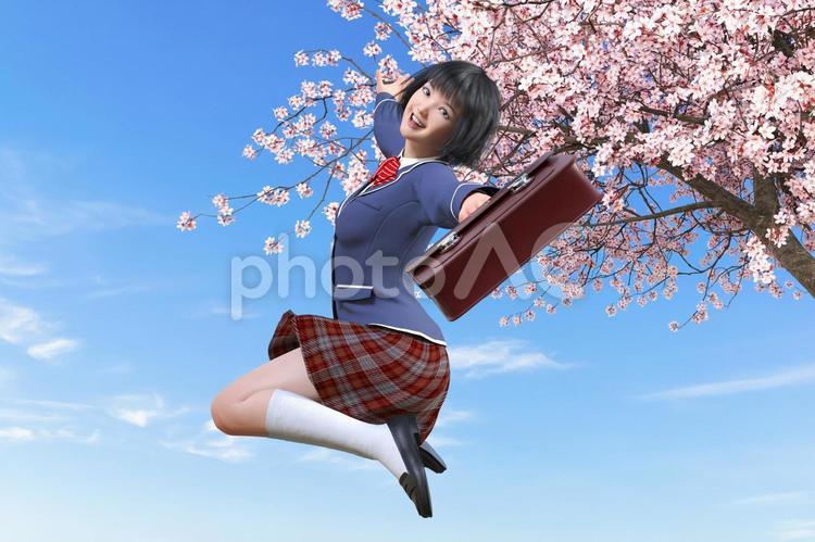 桜の木の前で高くジャンプをする女子高校生 人物,高校生,女子の写真素材