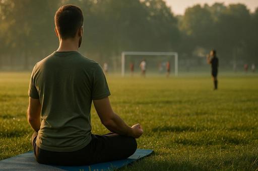 芝生で瞑想する人物 芝生で瞑想する人物の写真