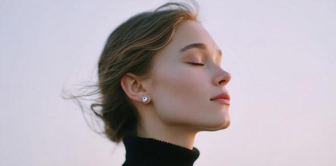 静寂を感じさせる女性の横顔 静寂を感じさせる女性の横顔の写真
