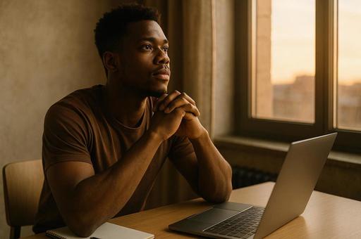 夕暮れ見つめる男性の写真