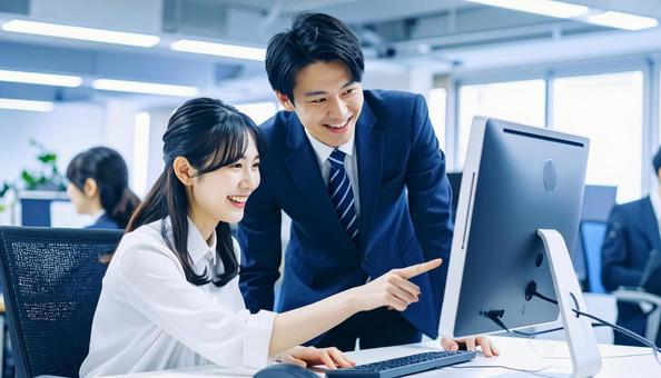 パソコンを見ながら打ち合わせをする社員 パソコンを見ながら打ち合わせをする社員の写真