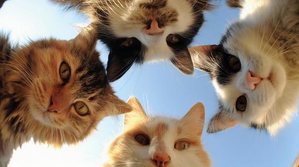 集まってこちらを見つめる四匹の猫たち 集まってこちらを見つめる四匹の猫たちの写真