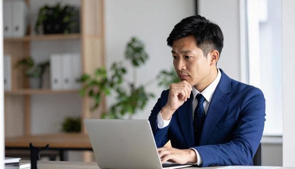 パソコンの前で悩むビジネスマンの写真