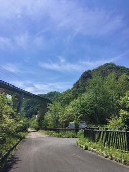 水位低下時に見えるダム内の遊歩道 橋,ダム施設,構造物の写真素材