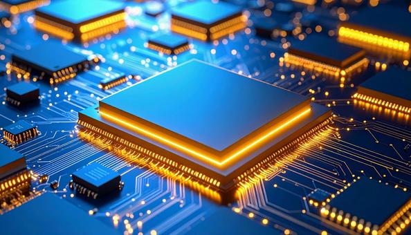 黄色に光る半導体チップの写真