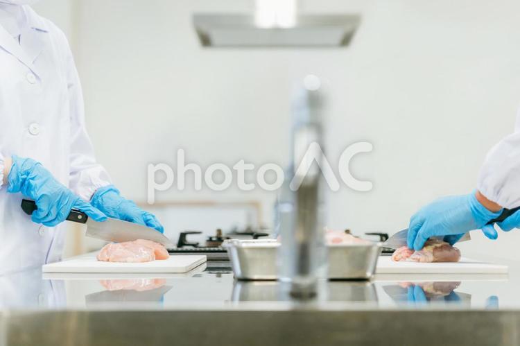 食品加工の仕事をする男女（手元） 食品加工,精肉加工,肉の写真素材