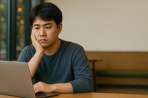 パソコンを見つめる男性 パソコンを見つめる男性の写真