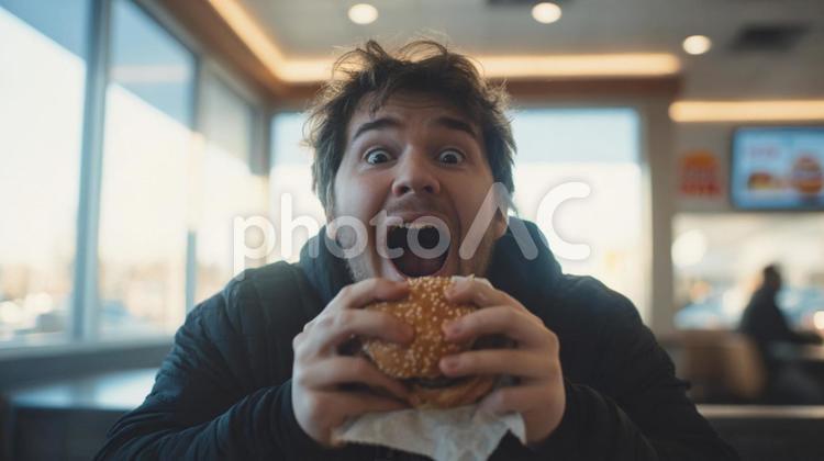 ハンバーガーにかぶりつく瞬間の男性 ハンバーガー,食べる,口を開けるの写真素材