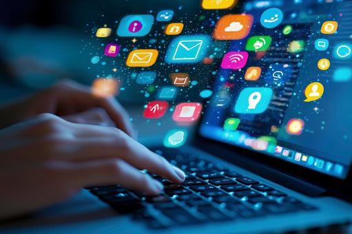 Hands typing on keyboard and floating app icons, typing, hand, keyboard, JPG