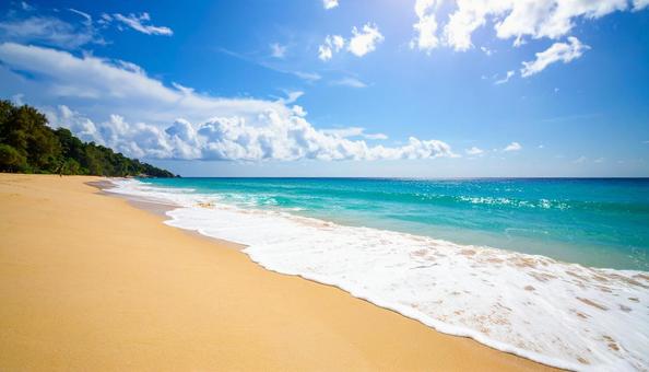青く透き通る海と白い砂浜の波打ち際 青く透き通る海と白い砂浜の波打ち際の写真