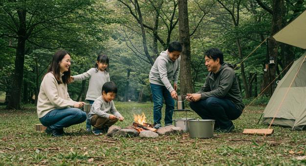 キャンプをする家族 キャンプをする家族の写真