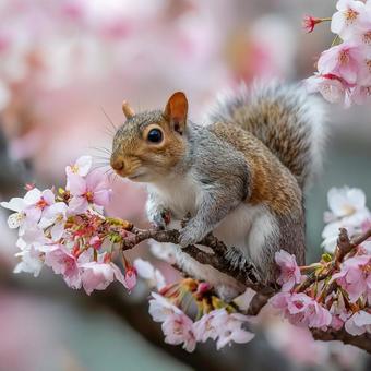 桜の枝にとまる可愛いリスの春の姿 桜の枝にとまる可愛いリスの春の姿の写真