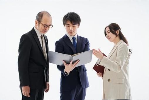 Asian business person meeting on a white background, male, female, businessman, JPG