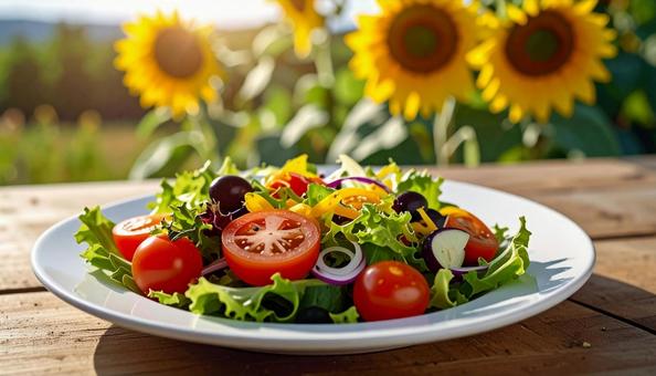 野菜サラダとヒマワリ 野菜サラダとヒマワリの写真