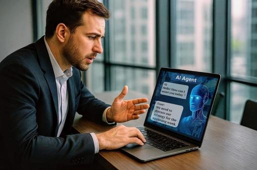 AIエージェントと対話をするビジネスマン AIエージェントと対話をするビジネスマンの写真