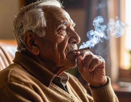 タバコを吸う高齢男性 タバコを吸う高齢男性の写真