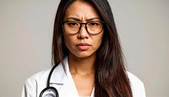 厳しい表情の女性医師 厳しい表情の女性医師の写真