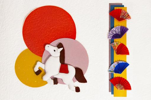 白馬とカラフルな扇の午年年賀状背景　 午年,年賀状,白馬の写真素材