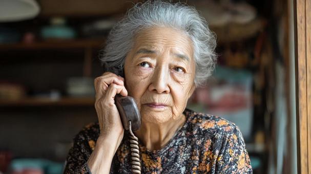 困惑した表情で電話をする高齢女性6の写真