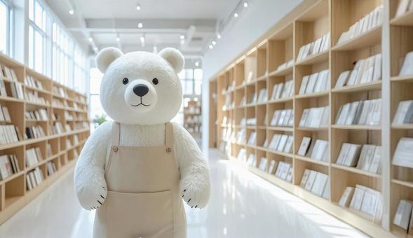 図書館でエプロンを着た白いクマ 図書館でエプロンを着た白いクマの写真