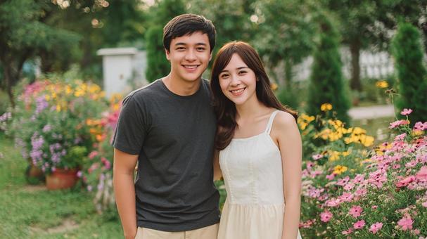 色とりどりの花の中を散歩の写真