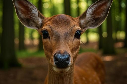 森の中で見つめる雌鹿の写真