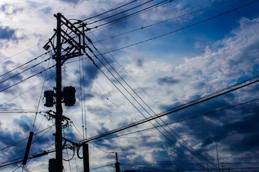 Photo, telegraph pole, at sunset, cloudy weather, 