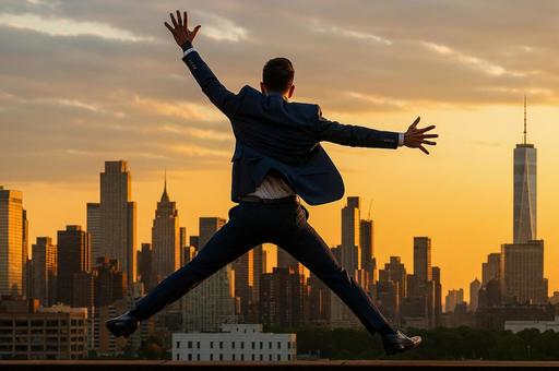 夕焼けの都会でジャンプするスーツ男性の写真
