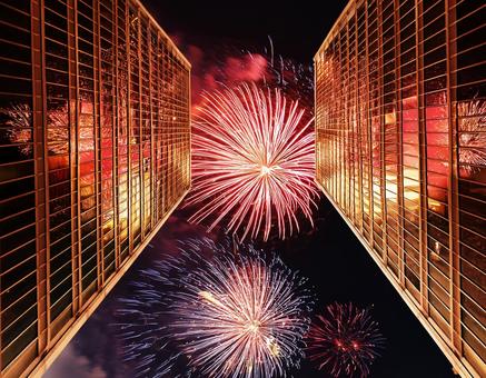 Fireworks bursting into the sky between skyscrapers, fireworks, fireworks, skyscraper, JPG