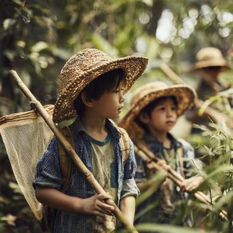 夏の森で虫取りを楽しむ子供たち 夏の森で虫取りを楽しむ子供たちの写真