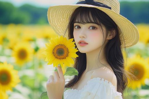 麦わら帽子の若い女性と夏のひまわり畑 麦わら帽子の若い女性と夏のひまわり畑の写真