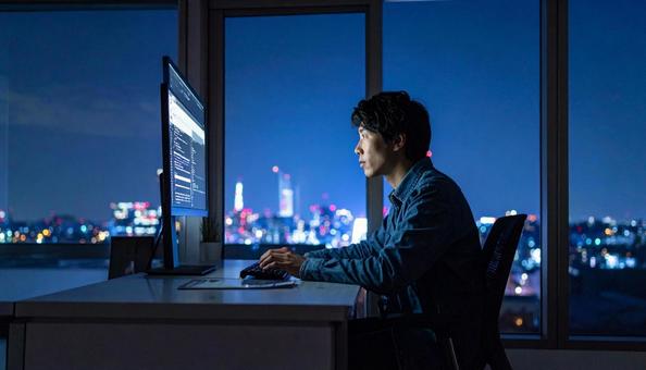 深夜に作業をする若い日本人エンジニア 深夜に作業をする若い日本人エンジニアの写真