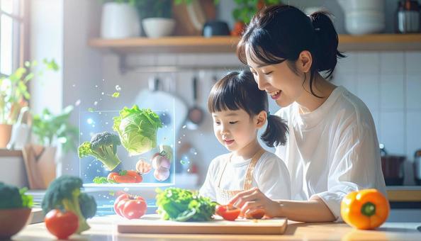 ホログラムで野菜の切り方を学ぶ親子 ホログラムで野菜の切り方を学ぶ親子の写真