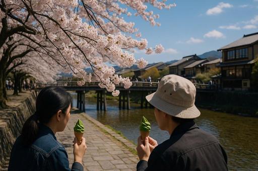 桜並木と抹茶アイスの風景 桜並木と抹茶アイスの風景の写真